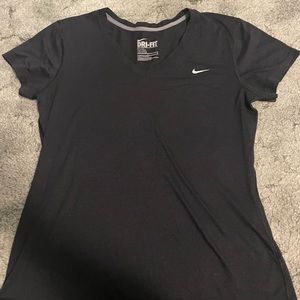 Black, white nike sign, dri-fit, workout tee.